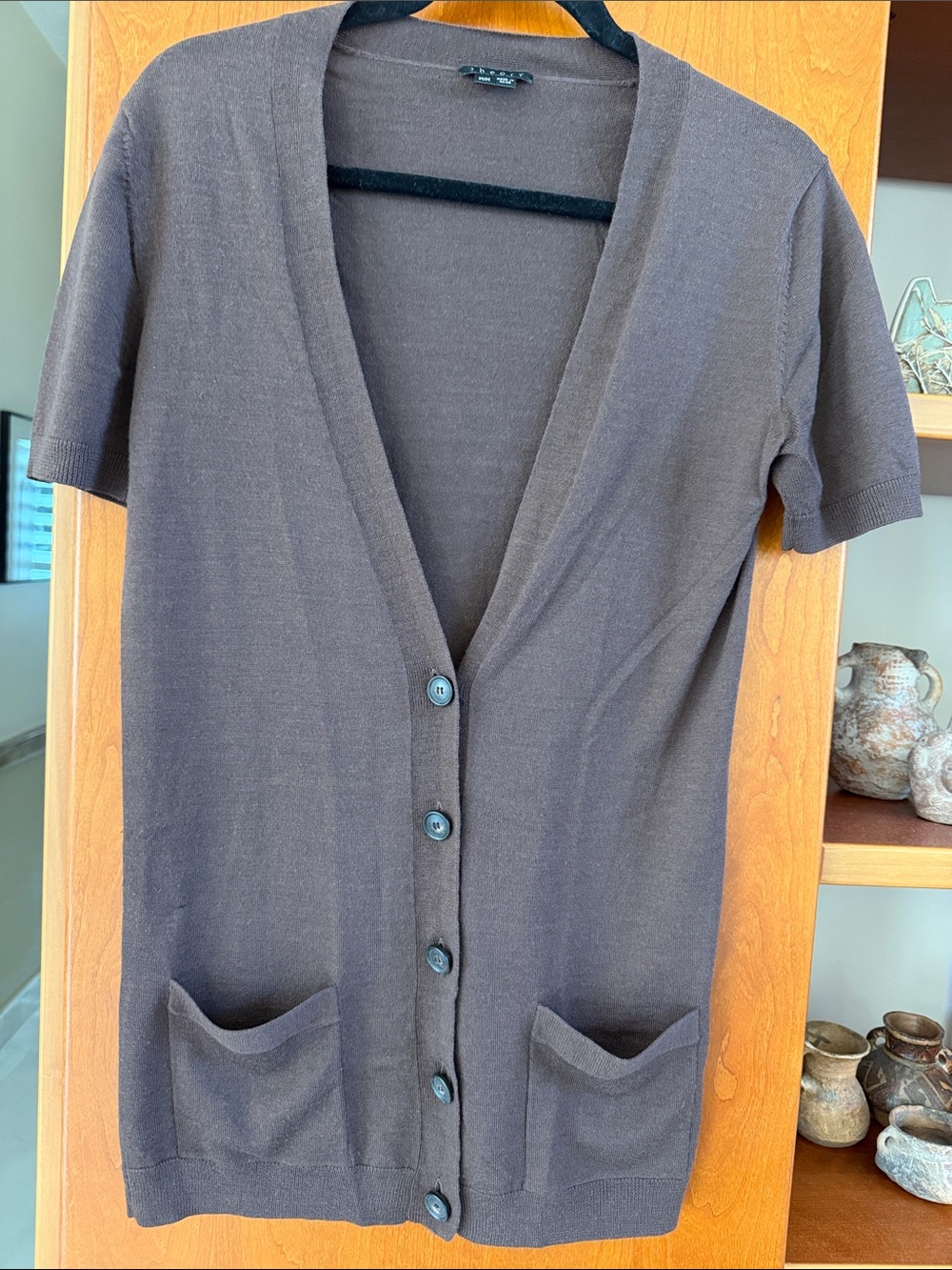 Theory Brown Short-Sleeve V-Neck Button Cardigan